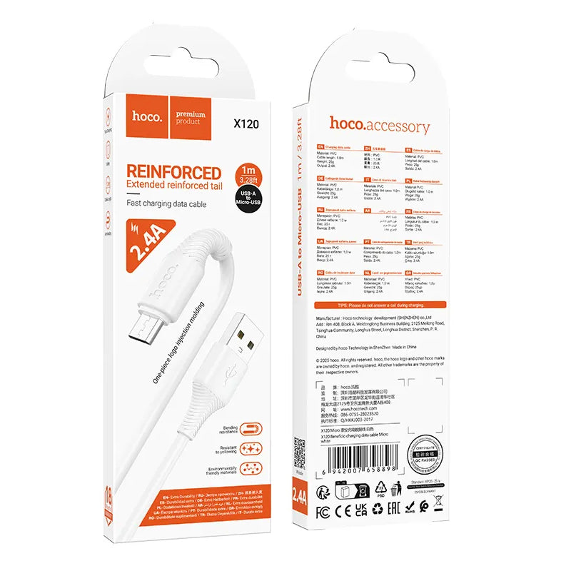 Data- og opladningskabel USB-A - microUSB HOCO X120, 18W, 1m, Hvid