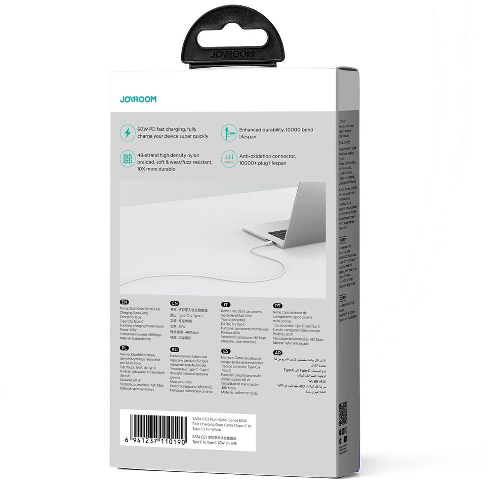 Data- og opladningskabel USB-C - USB-C Joyroom Multi-Color S-A34, 60W, 1m, Hvid