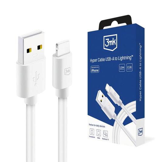 Data- og opladningskabel USB-A - Lightning 3MK Hyper, 12W, 1.2m, Hvid
