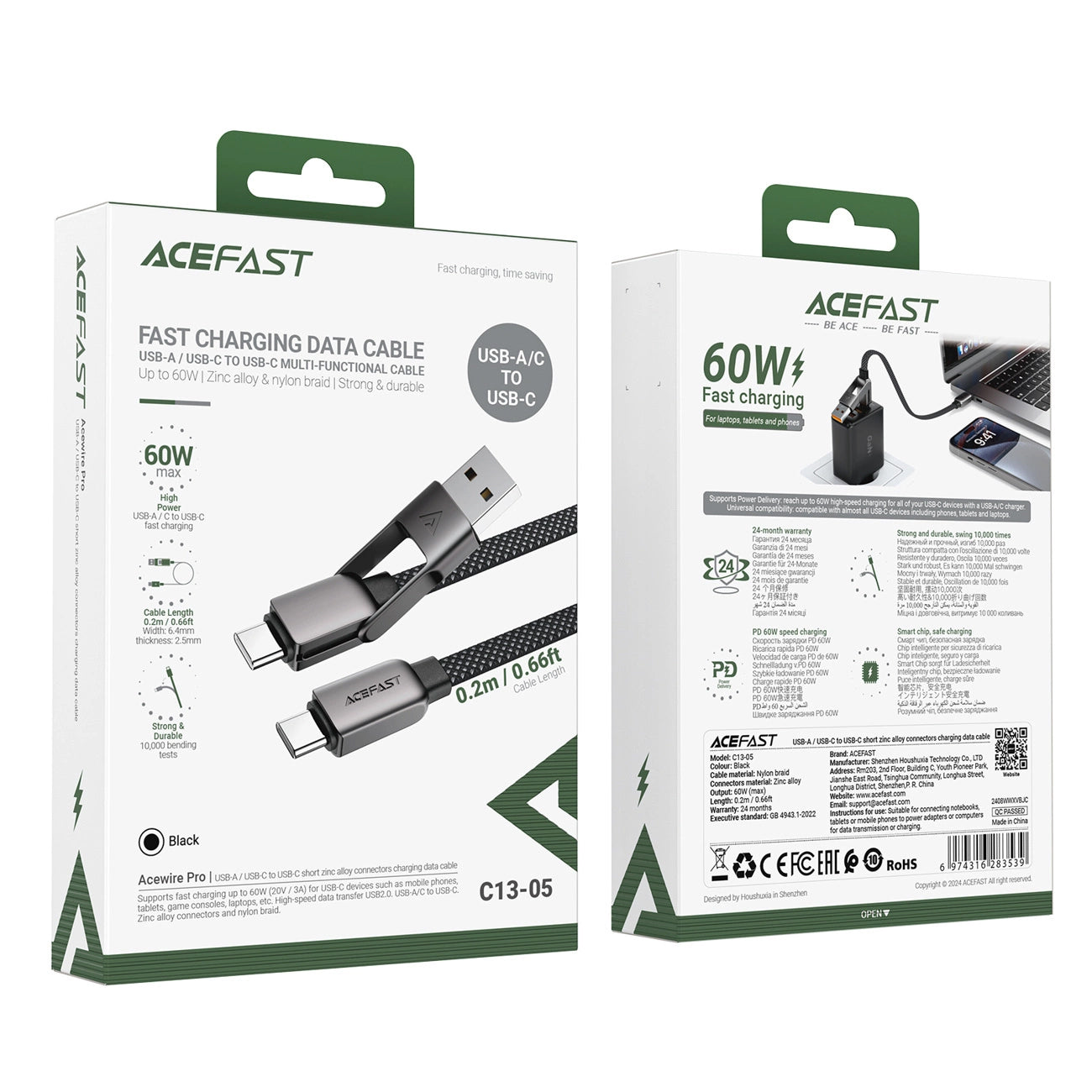 Data- og opladningskabel USB-C - USB-A / USB-C Acefast C13-05, 60W, 0,2m, Sort