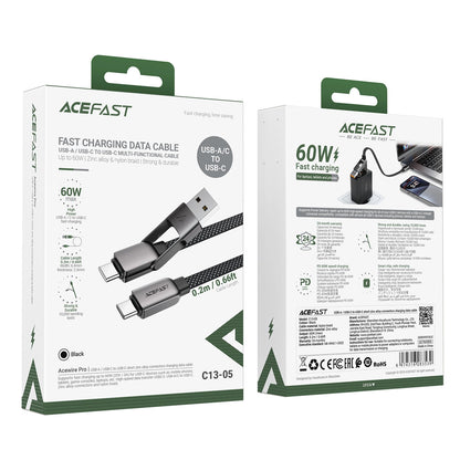 Data- og opladningskabel USB-C - USB-A / USB-C Acefast C13-05, 60W, 0,2m, Sort
