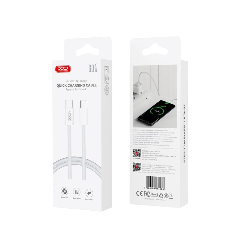Data- og opladningskabel USB-C - USB-C XO Design NB-Q260B, 60W, 1,5m, Hvid