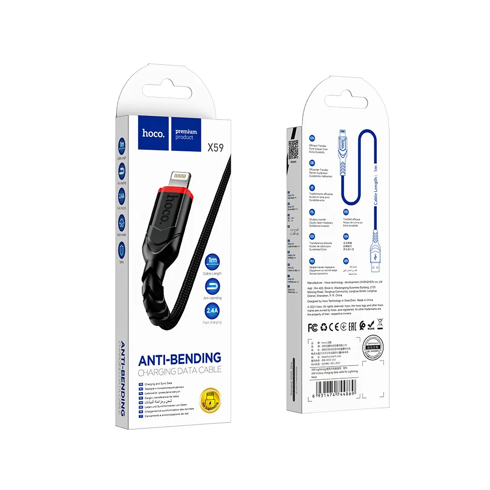 Data- og opladningskabel USB-A - Lightning HOCO X59 Victory, 18W, 1m, Sort