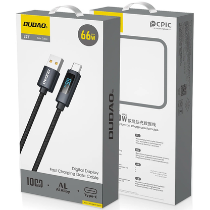 USB-A til USB-C Data- og Opladningskabel Dudao L7T Display, 66W, 1m, Sort