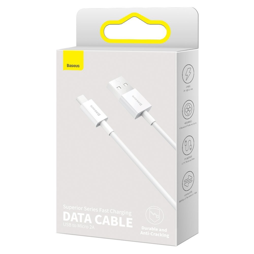 Data- og opladningskabel USB-A - microUSB Baseus Superior Series, 18W, 2m, Hvid CAMYS-A02