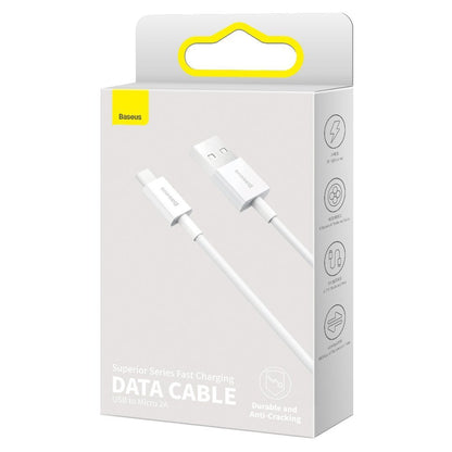 Data- og opladningskabel USB-A - microUSB Baseus Superior Series, 18W, 2m, Hvid CAMYS-A02
