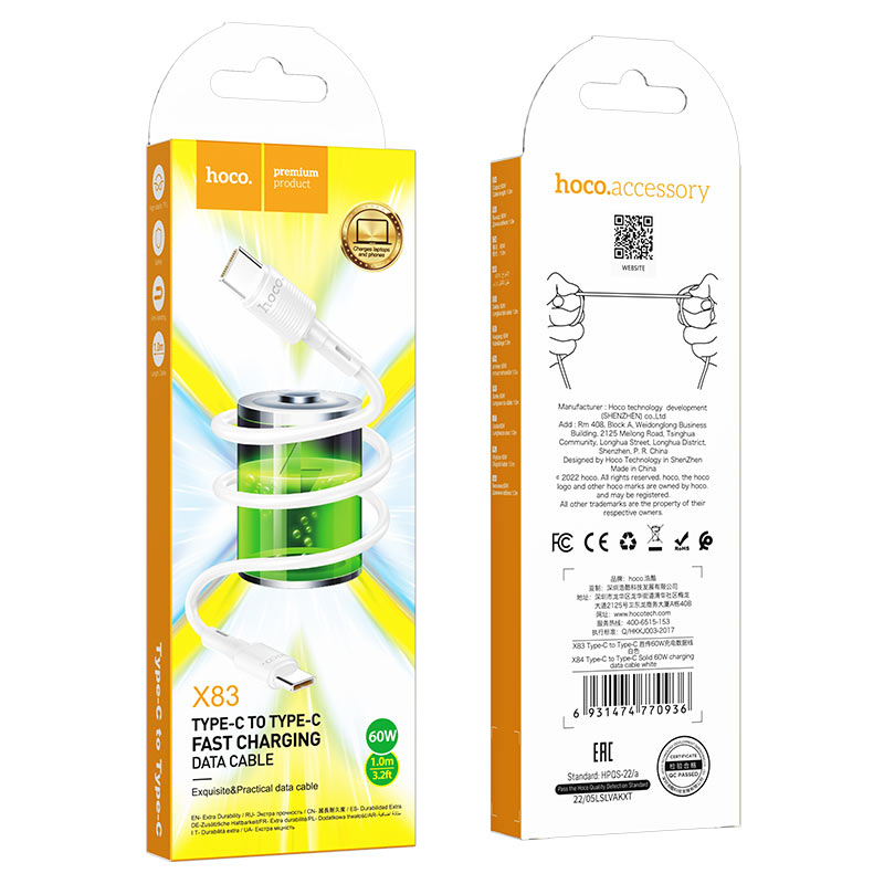 Data- og opladningskabel USB-C - USB-C HOCO X83 Victory, 60W, 1m, Hvid