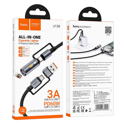 USB-C / USB-A data- og opladningskabel - USB-C / Elektrisk lighter HOCO U138, 60W, 1.2m, Sort