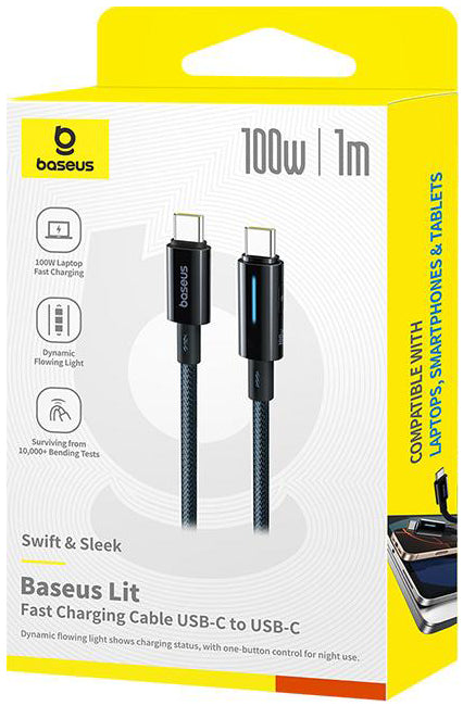 USB-C - USB-C Baseus Lit Button Control data- og opladningskabel, 100W, 1m, Sort P10379000121-00