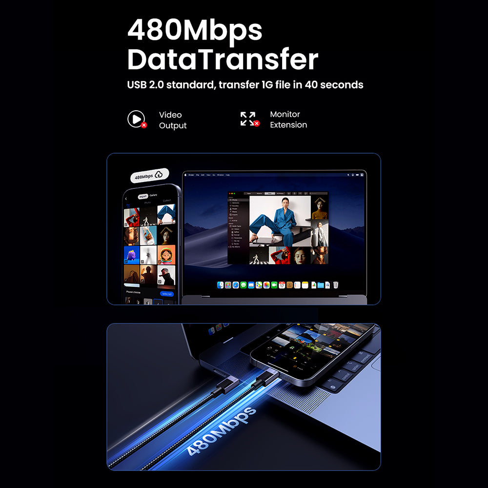 Data- og opladningskabel USB-C - USB-C UGREEN L513, 240W, 2m, Sort