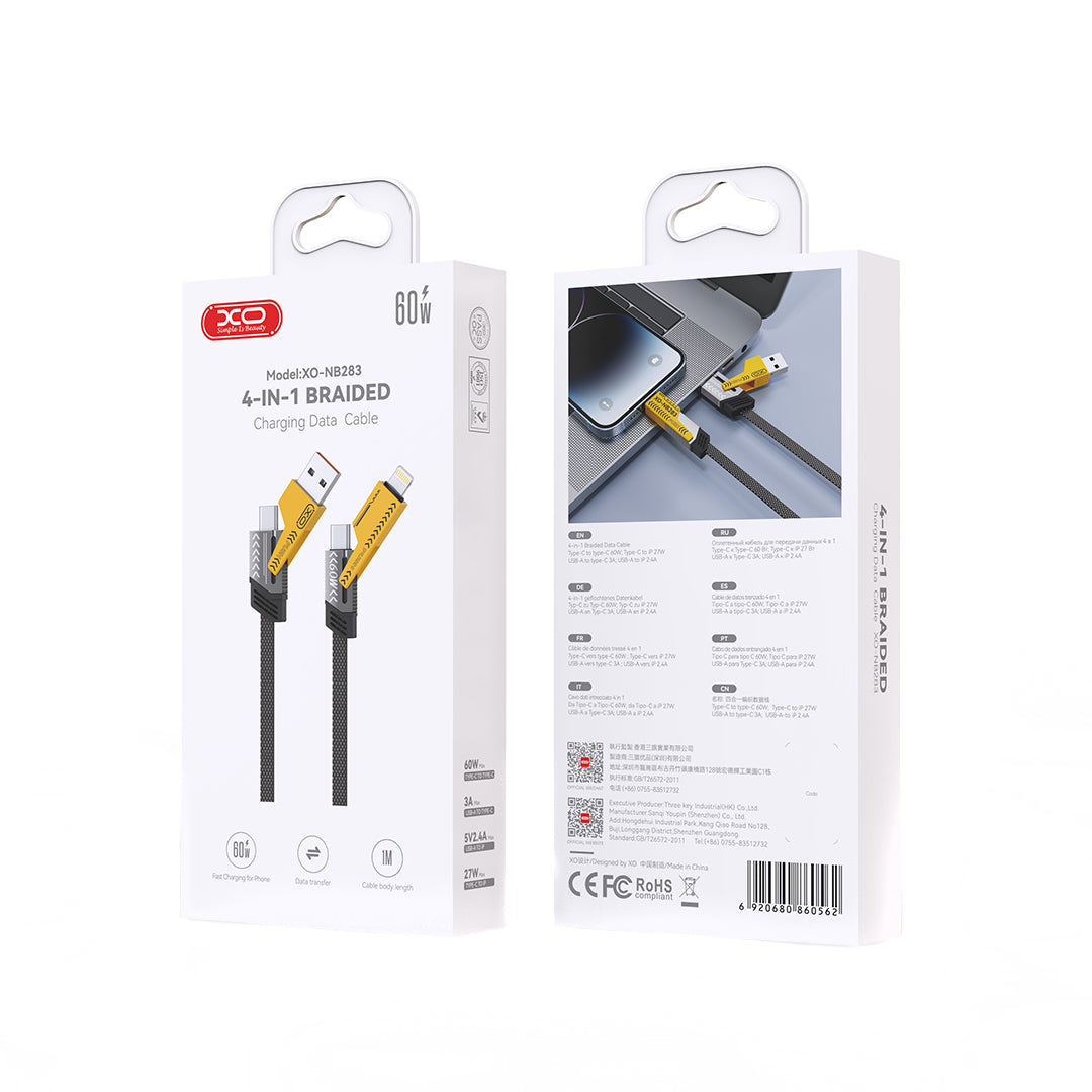 Data- og opladningskabel USB-A / USB-C - Lightning / USB-C XO Design NB283, 60W, 1m, Grå