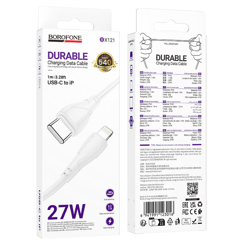 Data- og opladningskabel USB-C - Lightning Borofone BX121 Energy, 27W, 1m, Hvid
