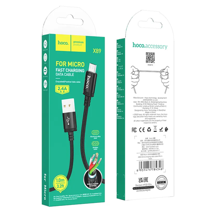 Data- og opladningskabel USB-A - microUSB HOCO X89, 18W, 1m, Sort