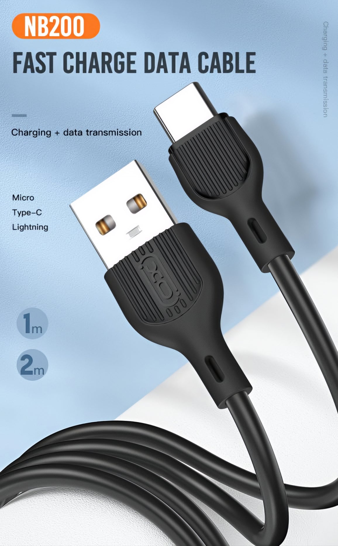 USB-A - USB-C data- og opladningskabel XO Design NB200, 10W, 1m, Sort