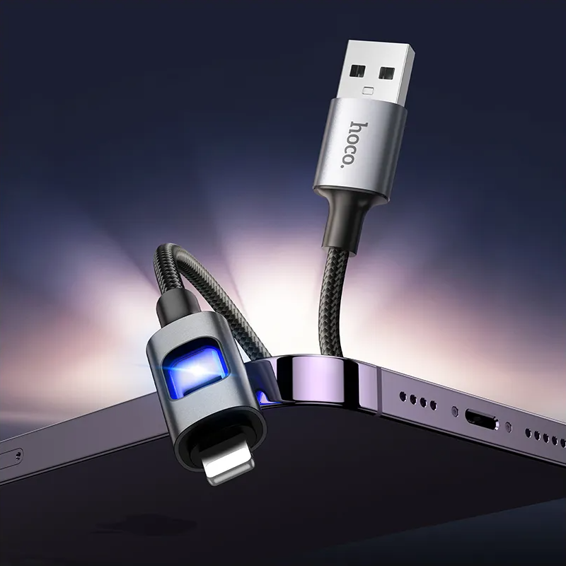 Data- og opladningskabel USB-A - Lightning HOCO U144 Led, 18W, 1,2m, Sort
