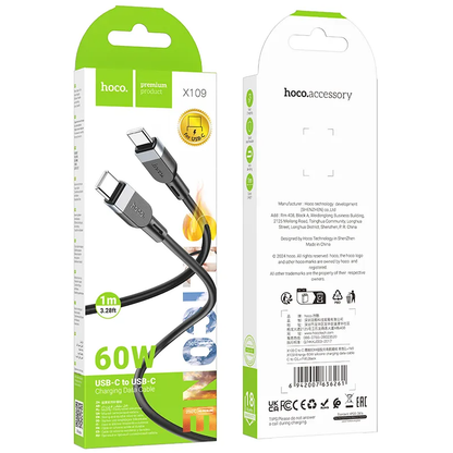 USB-C Data- og Opladningskabel - USB-C HOCO X109, 60W, 1m, Sort