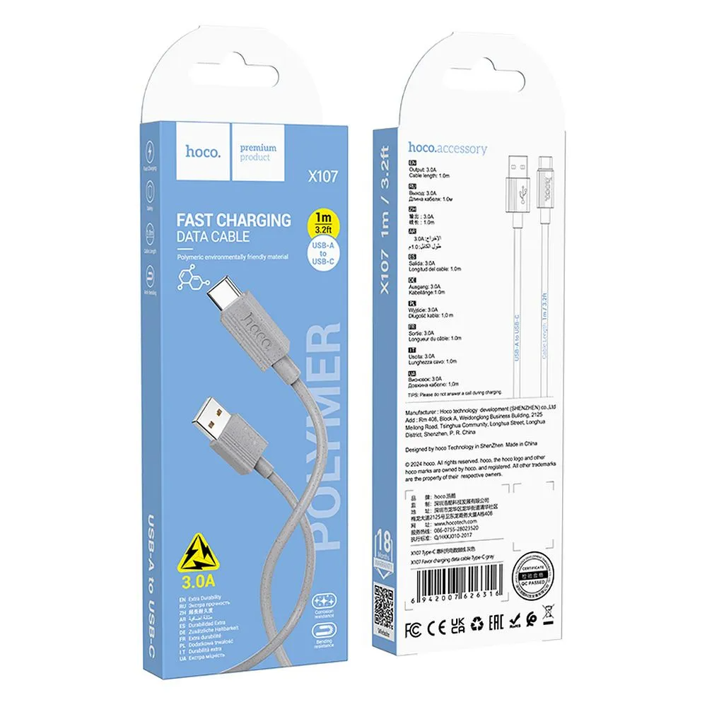 Data- og opladningskabel USB-A - USB-C HOCO X107, 18W, 1m, Hvid