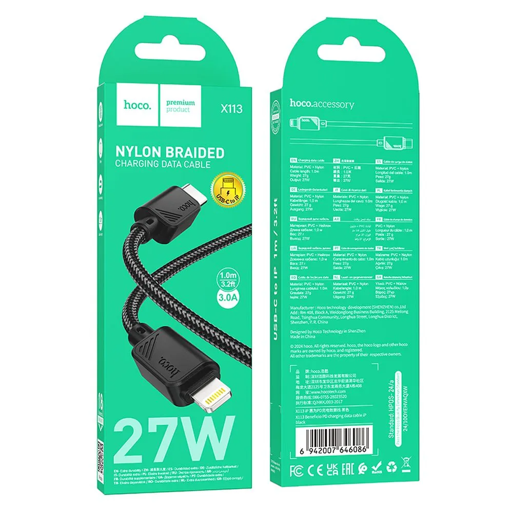 USB-C til Lightning data- og opladningskabel HOCO X113, 27W, 1m, sort