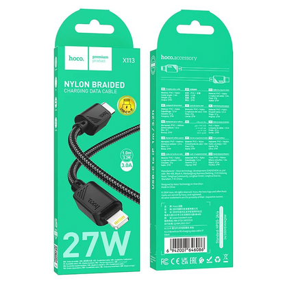 USB-C til Lightning data- og opladningskabel HOCO X113, 27W, 1m, sort