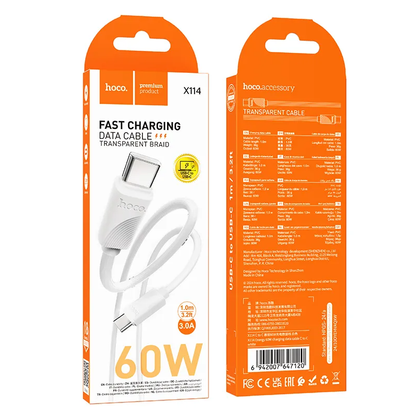 USB-C Data- og Opladningskabel - USB-C HOCO X114, 60W, 1m, Hvid
