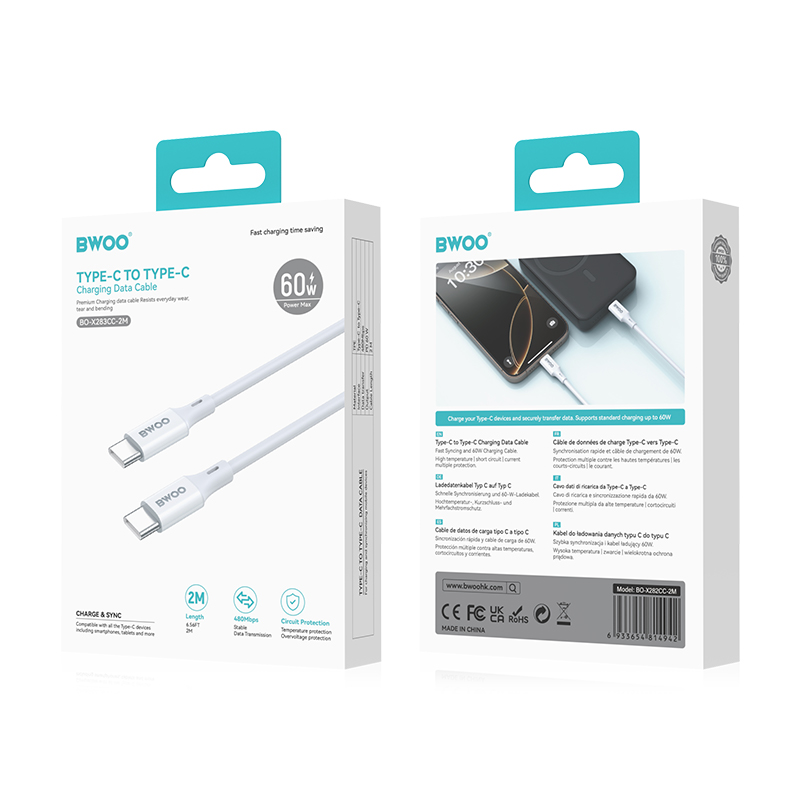 USB-C Data- og Opladningskabel - USB-C BWOO BO-X283CC-2M, 60W, 2m, Hvid