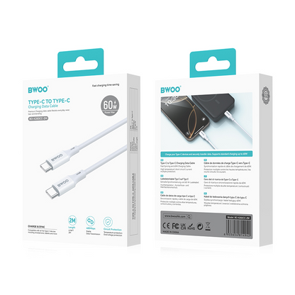 USB-C Data- og Opladningskabel - USB-C BWOO BO-X283CC-2M, 60W, 2m, Hvid