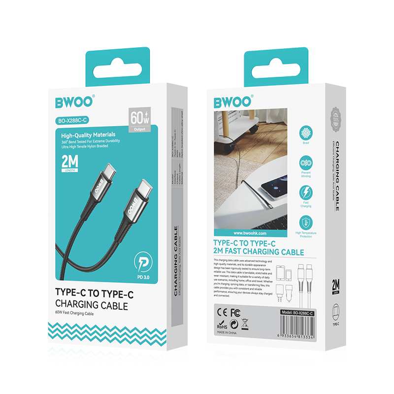 USB-C Data- og Opladningskabel - USB-C BWOO BO-X288C-C, 60W, 1m, Sort