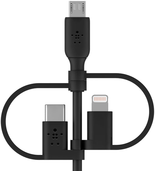 USB-A data- og opladningskabel - Lightning / microUSB / USB-C Belkin BoostCharge, 1m, sort CAC001bt1MBK