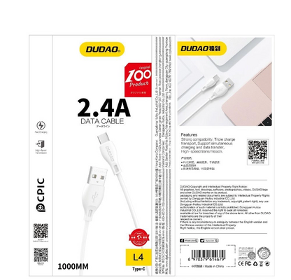 USB-A til Lightning data- og opladningskabel Dudao L4L, 18W, 1m, hvid