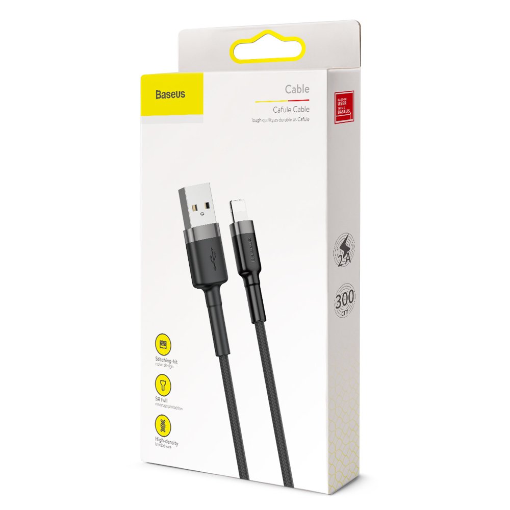USB-A - Lightning Baseus Cafule data- og opladningskabel, 18W, 3m, Grå CALKLF-RG1