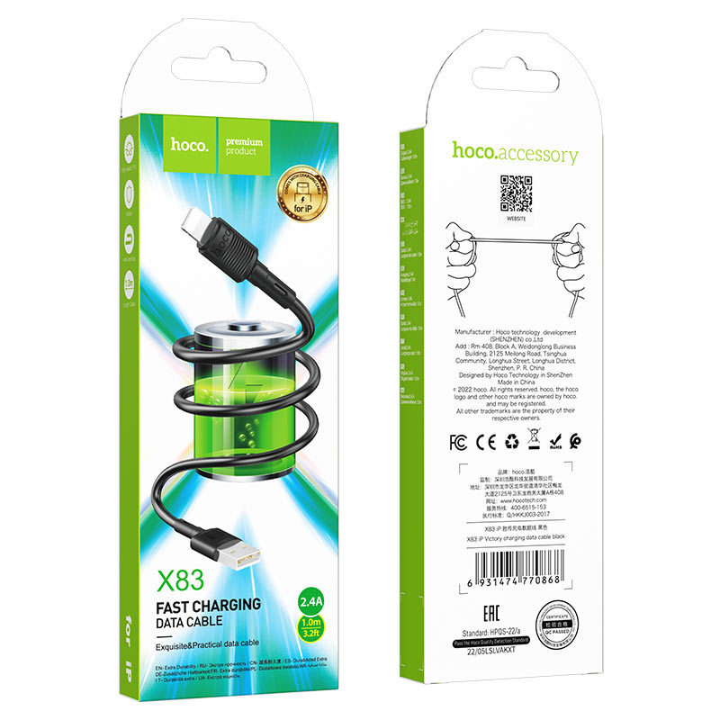 Data- og opladningskabel USB-A - Lightning HOCO X83 Victory, 18W, 1m, Sort