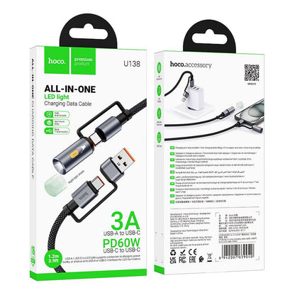 Data- og opladningskabel USB-C / USB-A - USB-C / Led HOCO U138, 60W, 1.2m, Sort