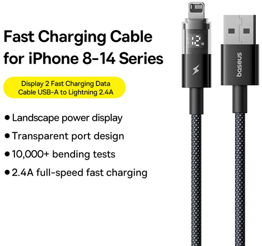 Data- og opladningskabel USB-A - Lightning Baseus Display 2, 18W, 2m, Sort P10382700121-01