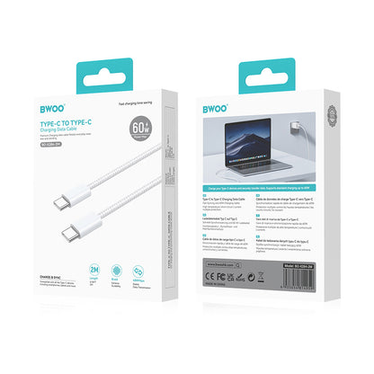 USB-C Data og Opladningskabel - USB-C BWOO BO-X284, 60W, 2m, Hvid