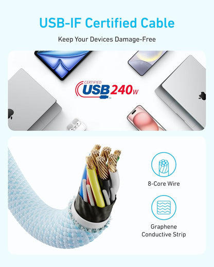 Data- og opladningskabel USB-C - USB-C Anker Zolo, 240W, 1.8m, Sort A8060H12