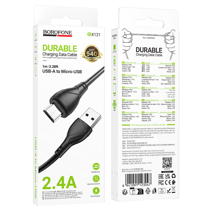 Data- og opladningskabel USB-A - microUSB Borofone BX121 Energy, 18W, 1m, Sort