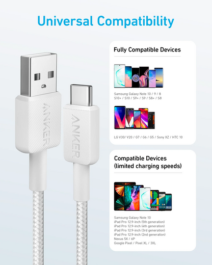 Data- og opladningskabel USB-A - USB-C Anker 322, 18W, 1,8m, Hvid A81H6G21
