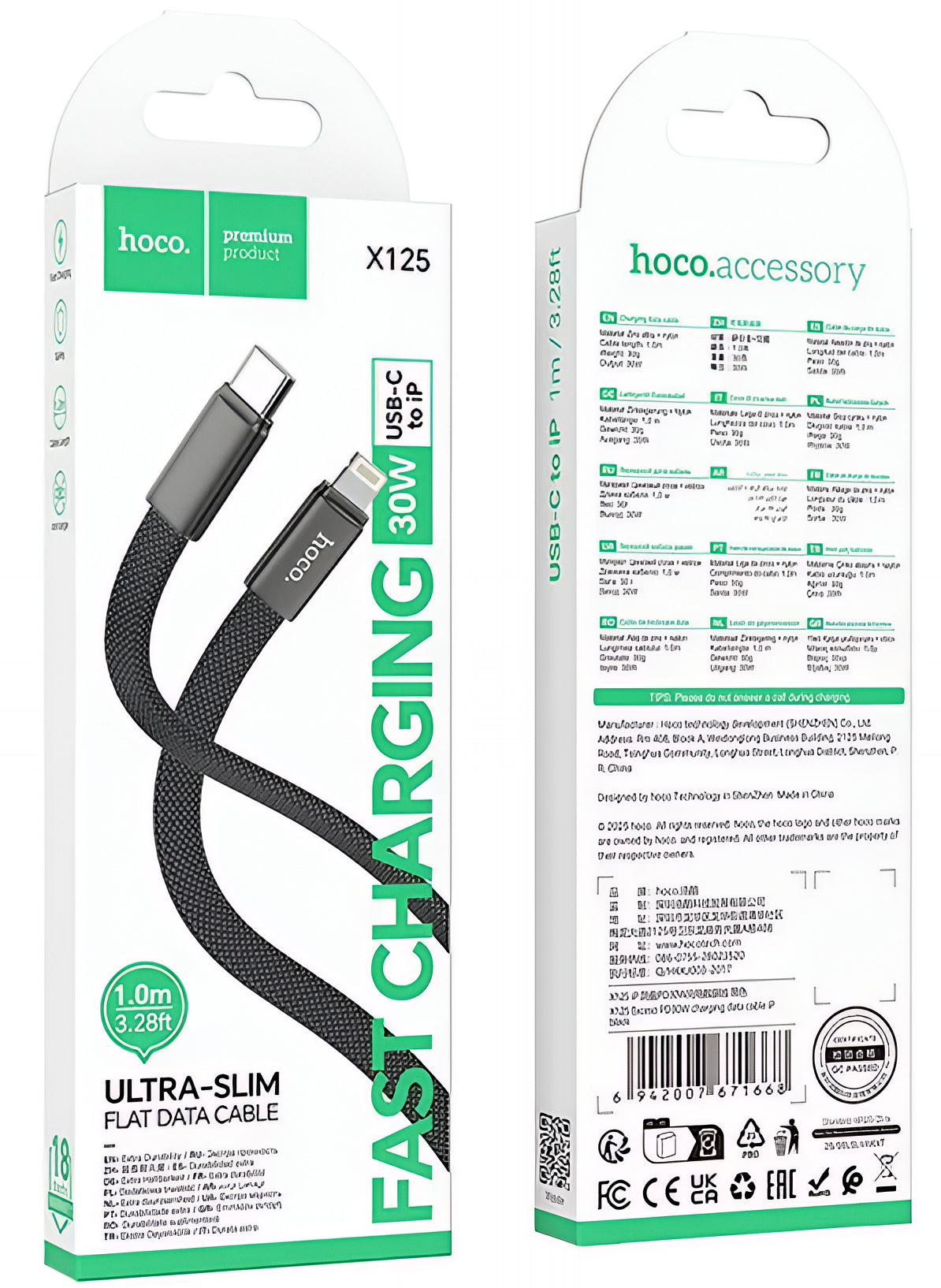 Data- og opladningskabel USB-C - Lightning HOCO X125, 30W, 1m, Sort
