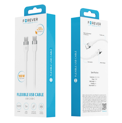 USB-C Data- og Opladningskabel - USB-C Forever Flexible, 100W, 2m, Hvid