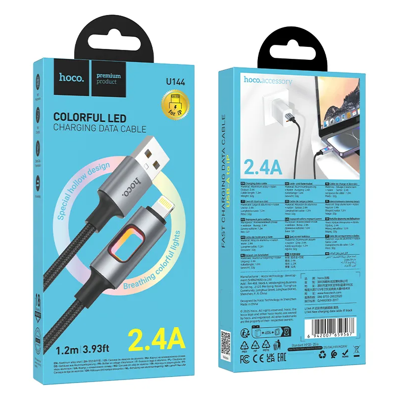 Data- og opladningskabel USB-A - Lightning HOCO U144 Led, 18W, 1,2m, Sort