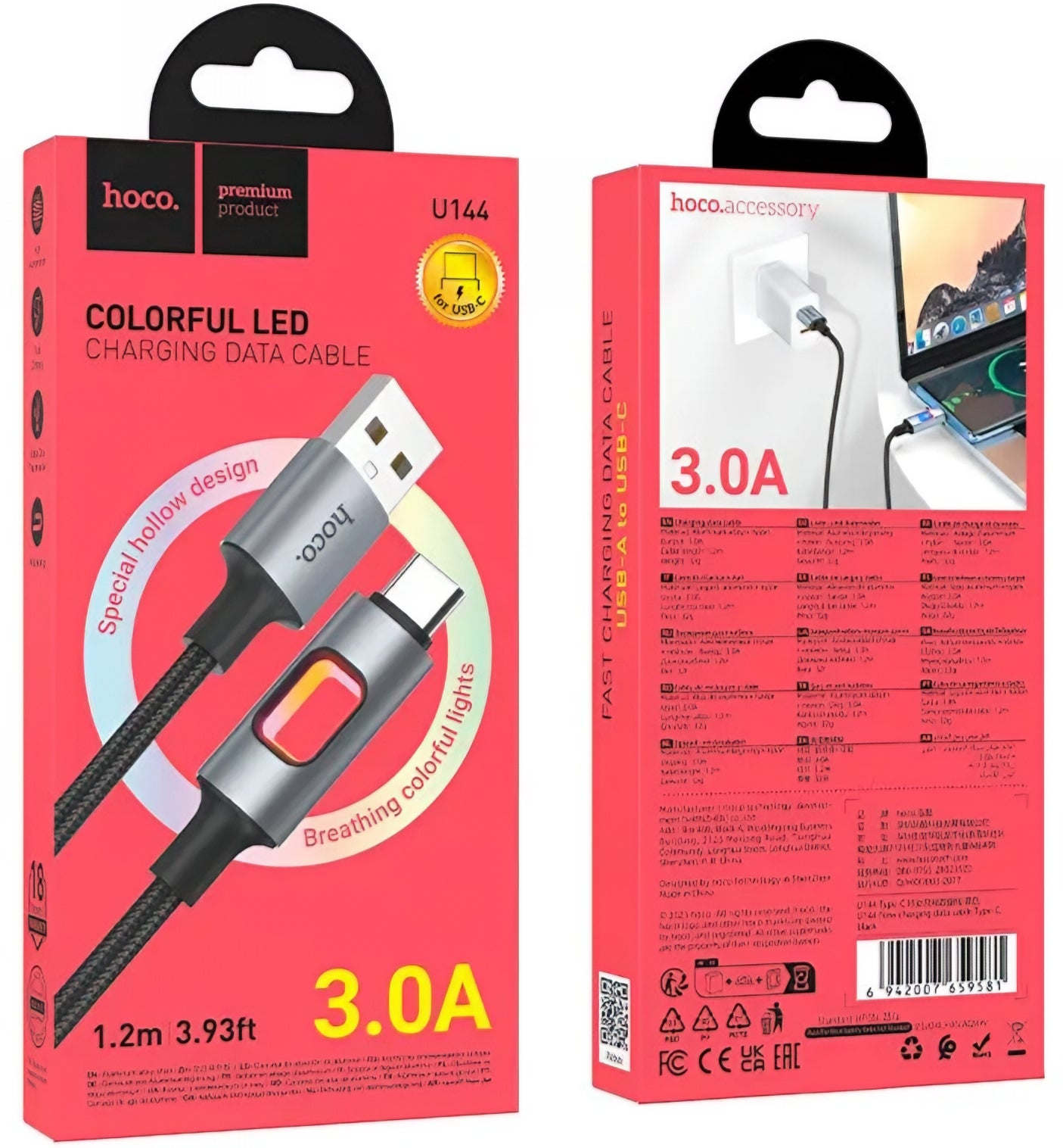Data- og opladningskabel USB-A - USB-C HOCO U144 Led, 18W, 1.2m, Sort