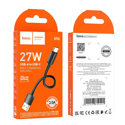 Data- og opladningskabel USB-A - USB-C HOCO X96, 27W, 0,25m, Sort
