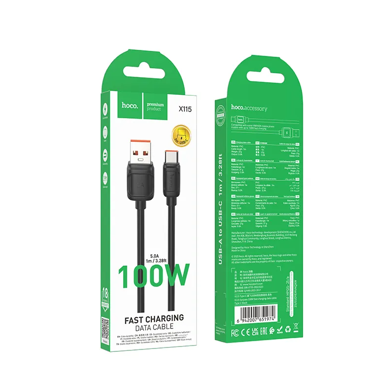 USB-A til USB-C data- og opladningskabel HOCO X115, 100W, 1m, sort