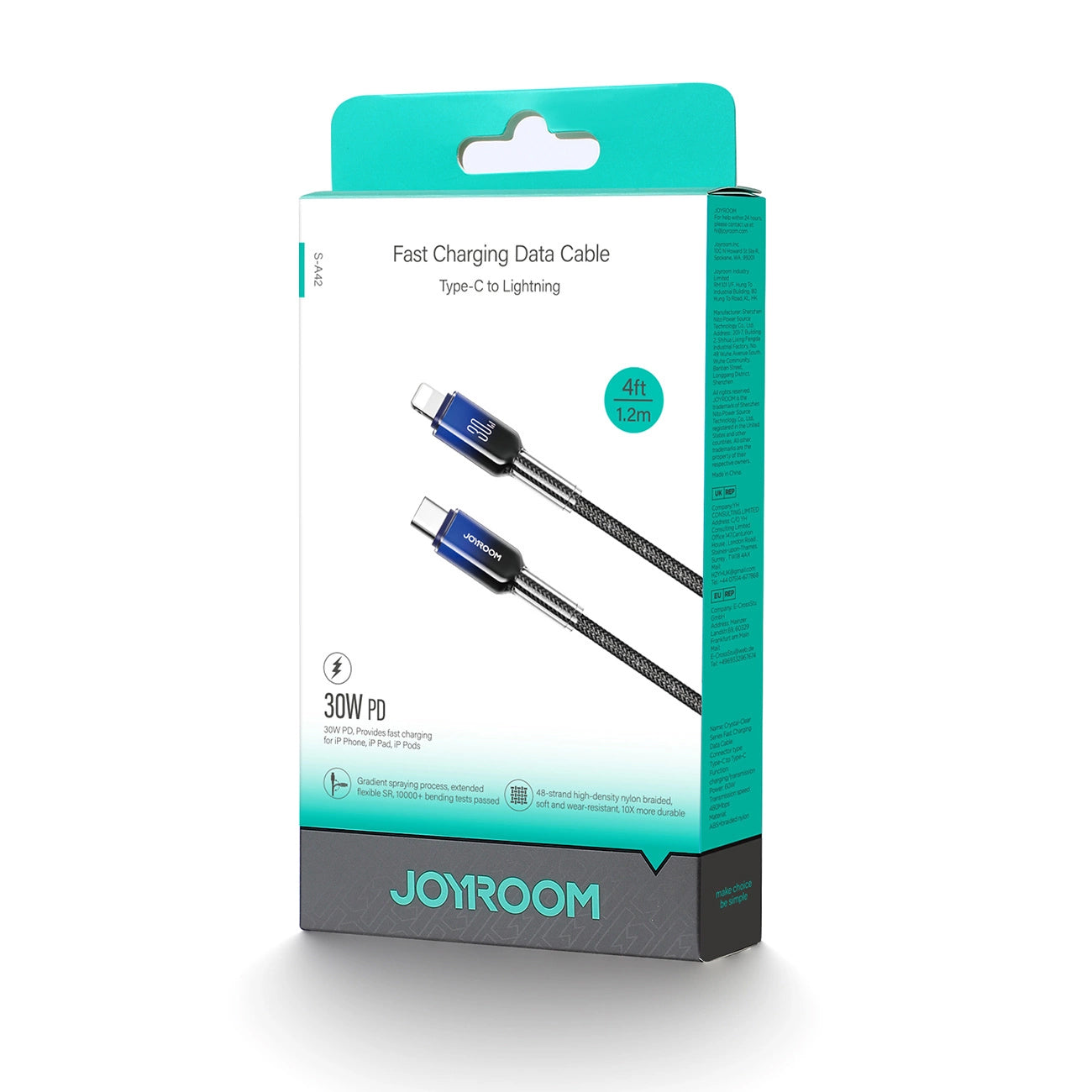 USB-C til Lightning Data- og Opladningskabel Joyroom S-A42, 30W, 1,2m, Sort