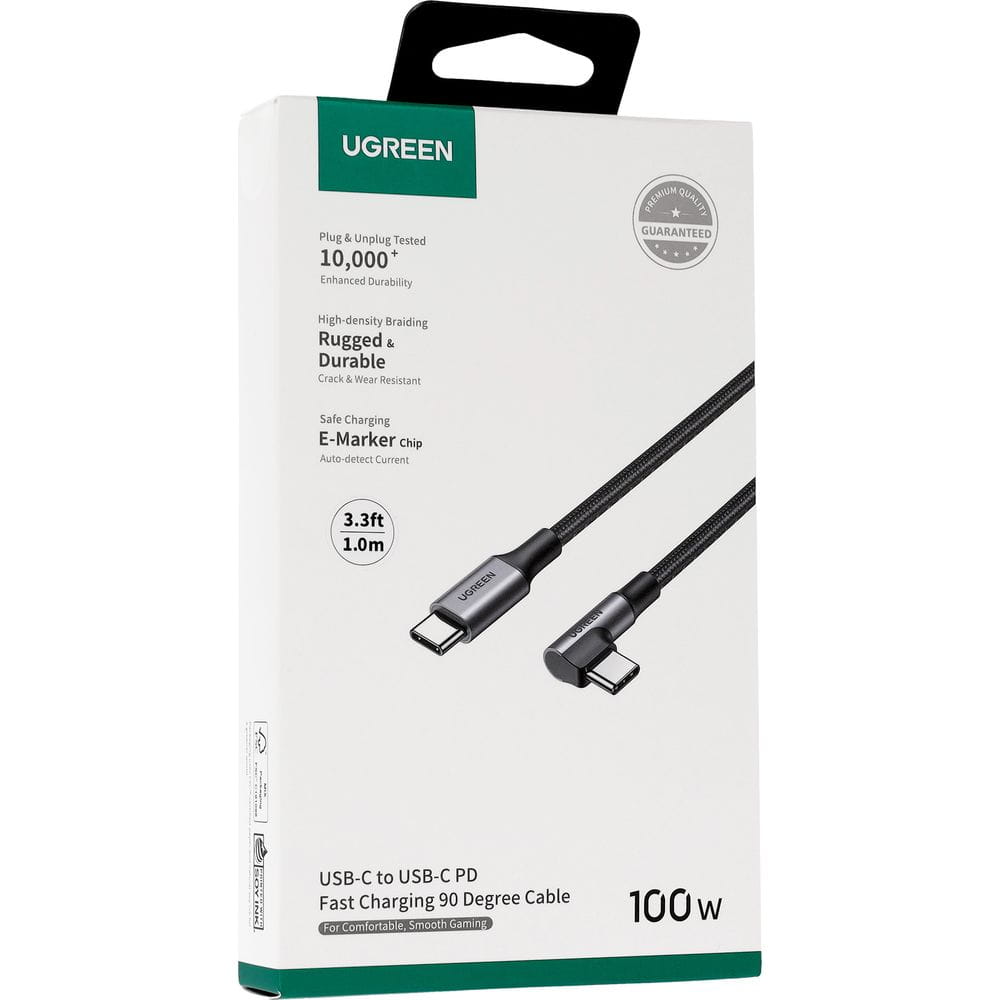 USB-C Data- og Opladningskabel - USB-C UGREEN US334 Vinklet, 100W, 1m, Sort