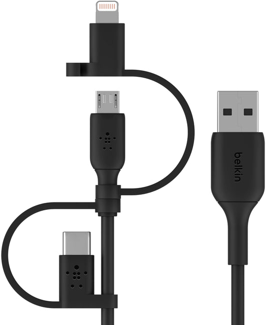 USB-A data- og opladningskabel - Lightning / microUSB / USB-C Belkin BoostCharge, 1m, sort CAC001bt1MBK