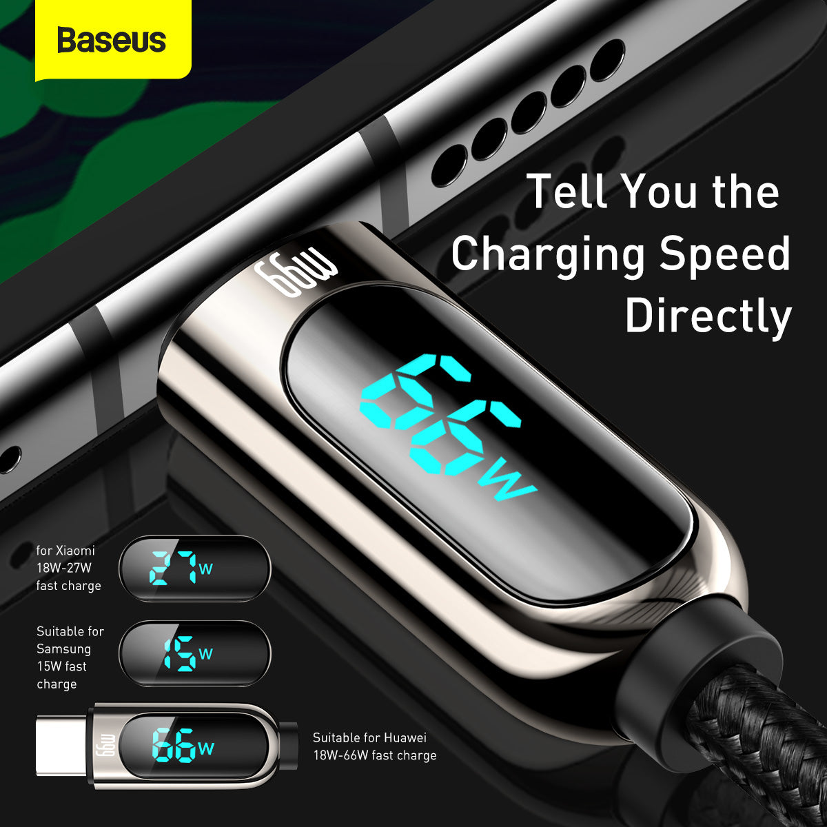Data- og opladningskabel USB-A - USB-C Baseus Display, 66W, 2m, Sort CASX020101