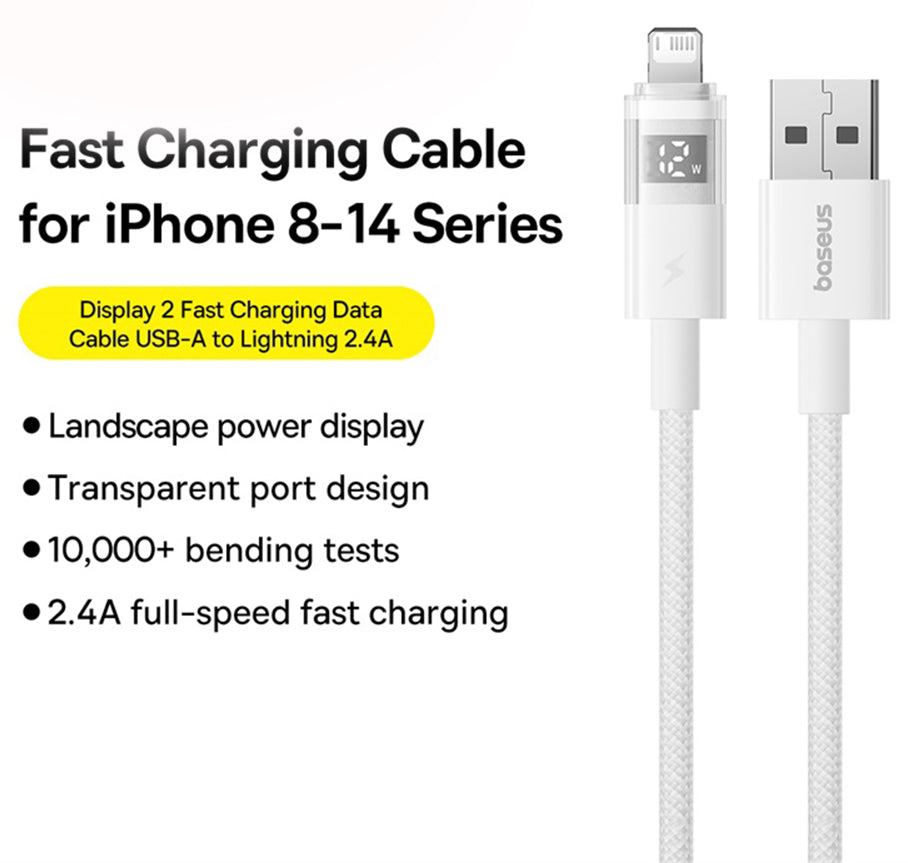 Data- og opladningskabel USB-A - Lightning Baseus Display 2, 18W, 2m, Hvid P10382700211-01