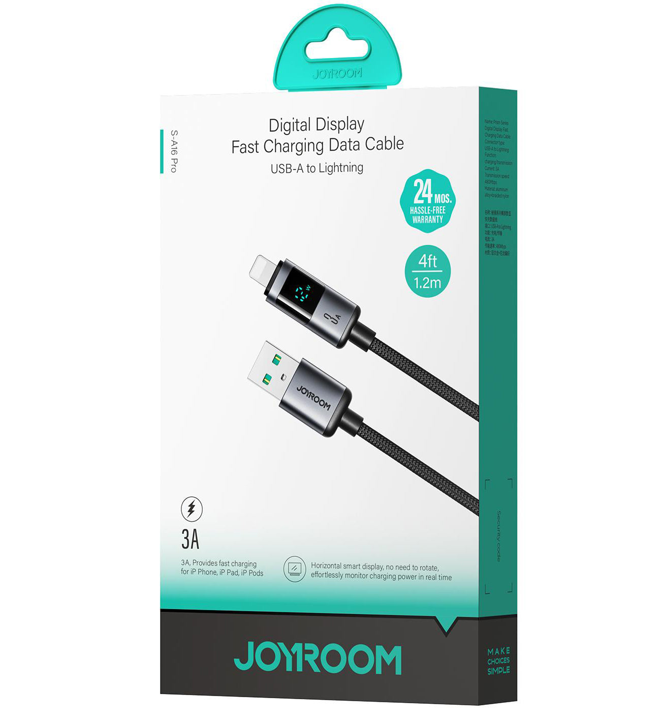 Data- og opladningskabel USB-A - Lightning Joyroom S-A16 Pro Prism Display, 12W, 1,2m, Sort
