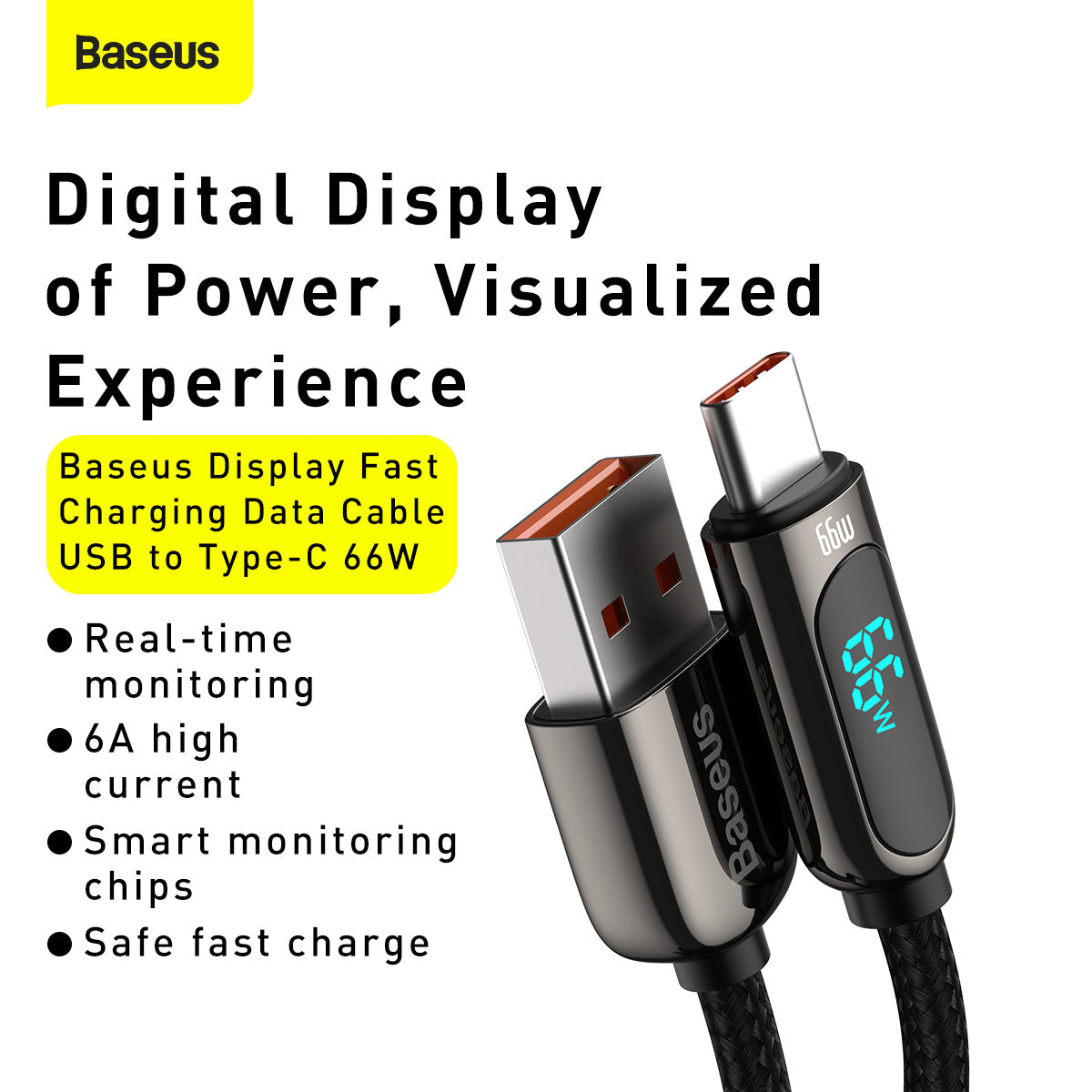Data- og opladningskabel USB-A - USB-C Baseus Display, 66W, 2m, Sort CASX020101